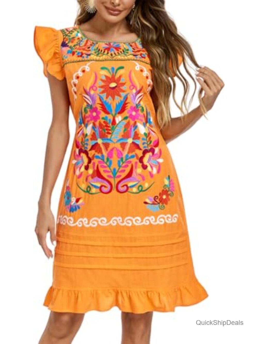 Mexican Floral Embroidered Cotton Peasant Dress Ruffle Sleeve Fiesta
